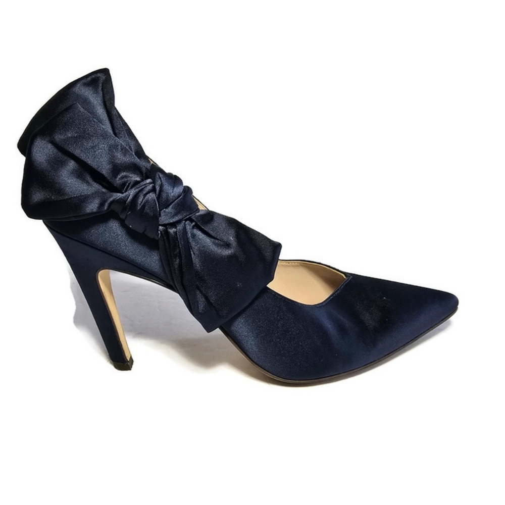 Nine West Blue Satin Oversized Bow Pumps Stilettos Heels Sz 8.5 Pointed - Picture 6 of 16